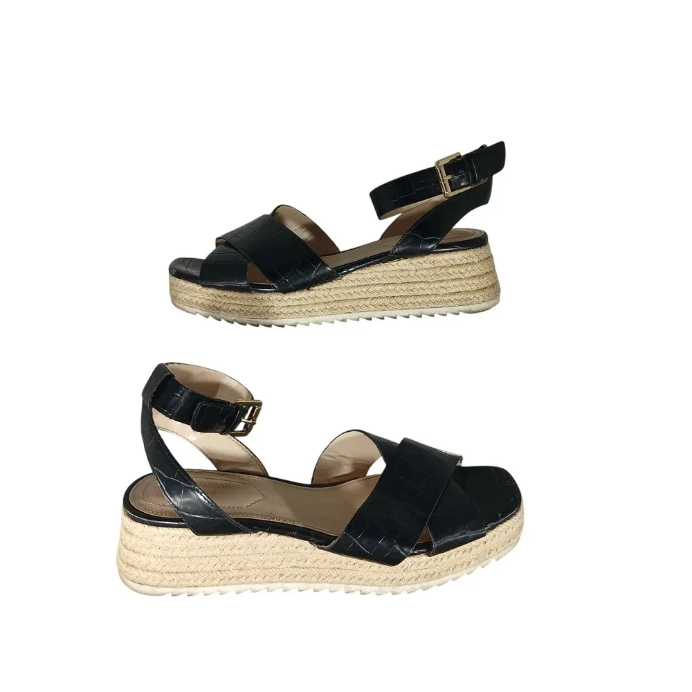 Liz Claiborne‎ Eastside Platform Wedge Sandals 7.5 Black Croc Espadrille Boho